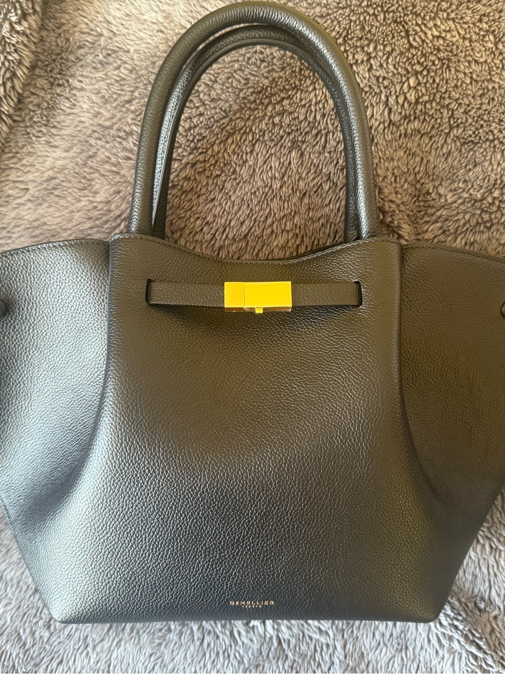 Demellier Midi New York Black Leather Tote with Gold Accent
